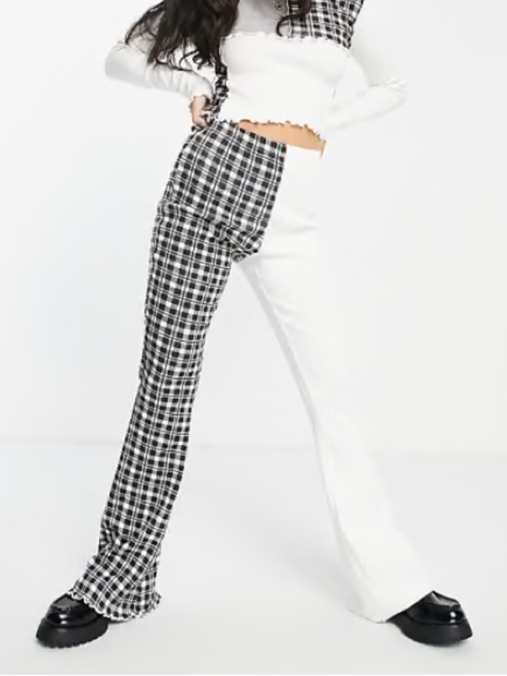 Two-Tone Plaid & White Flare Pants